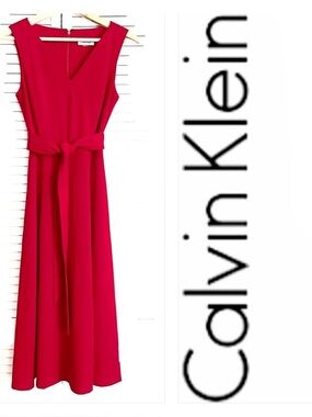 Elegant Calvin Klein Red Sleeveless Tie-Waist Dress!